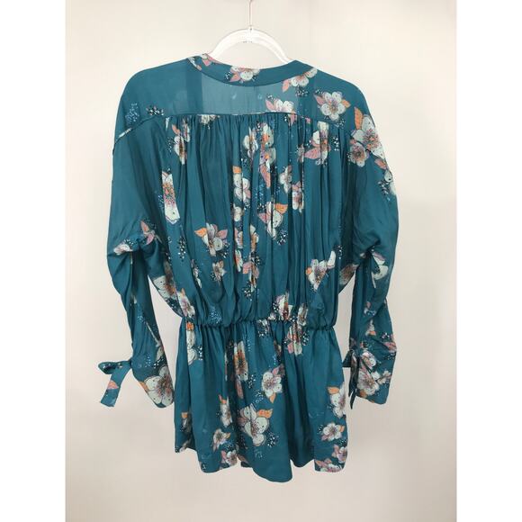 Free People Teal Floral Peplum Dolman Bell Sleeve Blouse Size XS - Picture 5 of 7